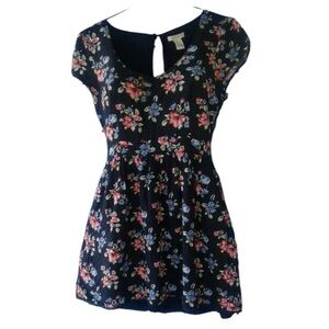 Forever 21 Junior Navy Blue Floral  Short Sleeve Mini Dress with Side Zipper